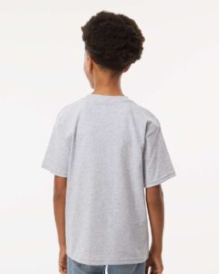 M&O 4850 Youth Gold Soft Touch T-Shirt – Athletic Grey (on model back)