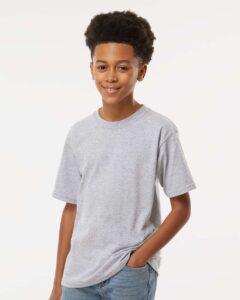 M&O 4850 Youth Gold Soft Touch T-Shirt – Athletic Grey (on model)