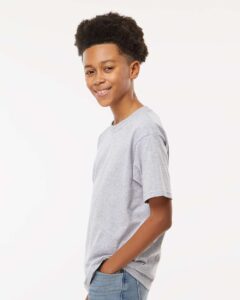 M&O 4850 Youth Gold Soft Touch T-Shirt – Athletic Grey (on model side)