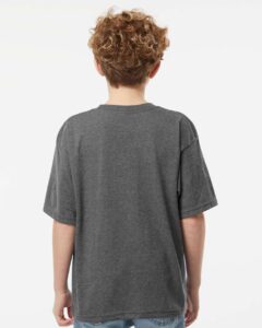 M&O 4850 Youth Gold Soft Touch T-Shirt – Dark Heather (on model back)