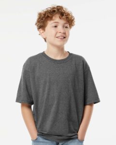 M&O 4850 Youth Gold Soft Touch T-Shirt – Dark Heather (on model)
