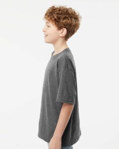 M&O 4850 Youth Gold Soft Touch T-Shirt – Dark Heather (on model side)