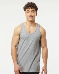 Tultex S105 Unisex Fine Jersey Tank Top – Heather Grey (on model)