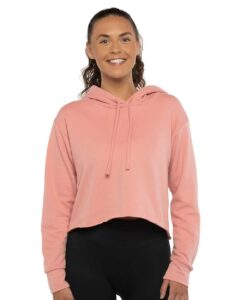 Next Level 9384 Women’s Laguna Sueded Raw Edge Crop Hoodie Sweatshirt – Desert Pink (on model)