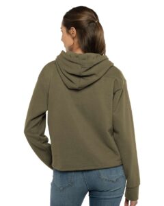 Next Level 9384 Women’s Laguna Sueded Raw Edge Crop Hoodie Sweatshirt – Military Green (on model back)