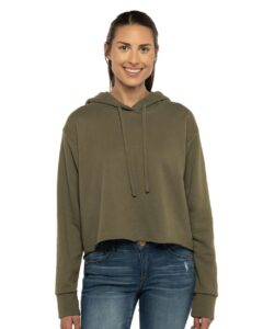 Next Level 9384 Women’s Laguna Sueded Raw Edge Crop Hoodie Sweatshirt – Military Green (on model)