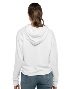 Next Level 9384 Women’s Laguna Sueded Raw Edge Crop Hoodie Sweatshirt – White (on model back)