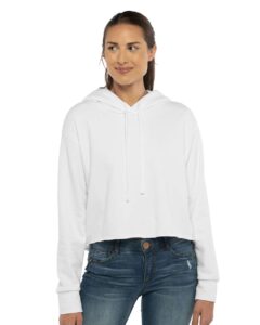 Next Level 9384 Women’s Laguna Sueded Raw Edge Crop Hoodie Sweatshirt – White (on model)