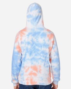 J. America 8861 Men’s Tie-Dyed Fleece Hooded Sweatshirt – Sunset Tie Dye (on model back)