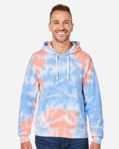 J. America 8861 Men’s Tie-Dyed Fleece Hooded Sweatshirt – Sunset Tie Dye (on model)