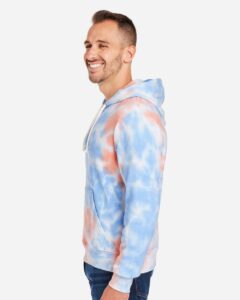 J. America 8861 Men’s Tie-Dyed Fleece Hooded Sweatshirt – Sunset Tie Dye (on model side)