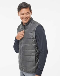 Adidas A572 Men’s Puffer Full-Zip Vest – Grey Five (on model side)