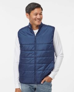 Adidas A572 Men’s Puffer Full-Zip Vest – Team Navy Blue (on model)
