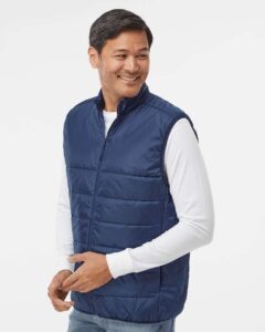 Adidas A572 Men’s Puffer Full-Zip Vest – Team Navy Blue (on model side)