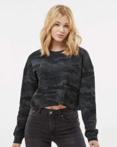 Independent Trading Co. AFX24CRP Women’s Lightweight Crop Crewneck Sweatshirt – Black Camo (on model)