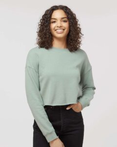 Independent Trading Co. AFX24CRP Women’s Lightweight Crop Crewneck Sweatshirt – Sage (on model)