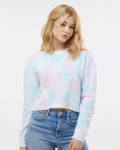 Independent Trading Co. AFX24CRP Women’s Lightweight Crop Crewneck Sweatshirt – Tie Dye Cotton Candy (on model)