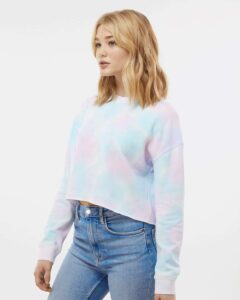 Independent Trading Co. AFX24CRP Women’s Lightweight Crop Crewneck Sweatshirt – Tie Dye Cotton Candy (on model side)