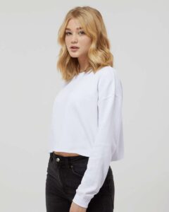 Independent Trading Co. AFX24CRP Women’s Lightweight Crop Crewneck Sweatshirt – White (on model side)