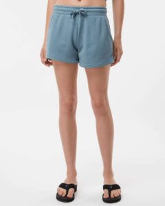 Independent Trading Co. PRM20SRT Women’s Lightweight California Wave Wash Fleece Shorts – Misty Blue (on model)