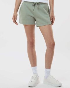 Independent Trading Co. PRM20SRT Women’s Lightweight California Wave Wash Fleece Shorts – Sage (on model)