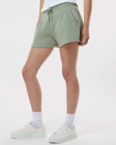 Independent Trading Co. PRM20SRT Women’s Lightweight California Wave Wash Fleece Shorts – Sage (on model side)