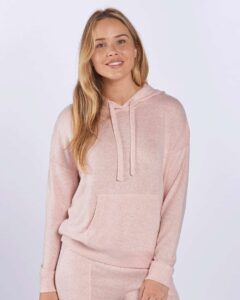 Boxercraft BW1501 Women’s Cuddle Fleece Hooded Sweatshirt – Blush Heather (on model)