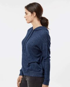 Boxercraft BW1501 Women’s Cuddle Fleece Hooded Sweatshirt – Navy Heather (on model side)