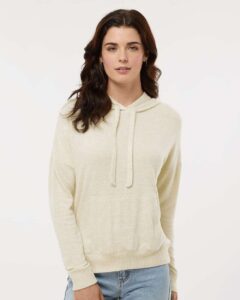 Boxercraft BW1501 Women’s Cuddle Fleece Hooded Sweatshirt – Oatmeal Heather (on model)