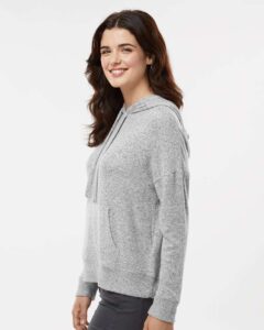 Boxercraft BW1501 Women’s Cuddle Fleece Hooded Sweatshirt – Oxford Heather (on model side)
