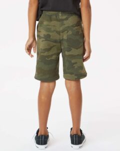 Independent Trading Co. PRM16SRT Youth Lightweight Special Blend Fleece Shorts – Forest Camo Heather (on model back)