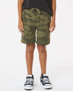 Independent Trading Co. PRM16SRT Youth Lightweight Special Blend Fleece Shorts – Forest Camo Heather (on model)