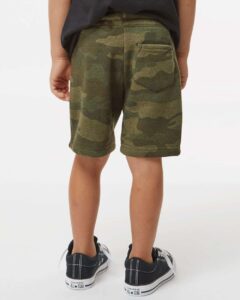 Independent Trading Co. PRM11SRT Toddler Lightweight Special Blend Fleece Shorts – Forest Camo Heather (on model back)