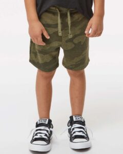Independent Trading Co. PRM11SRT Toddler Lightweight Special Blend Fleece Shorts – Forest Camo Heather (on model)