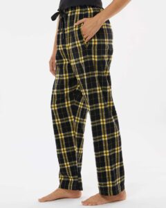 Boxercraft BW6620 Women’s Haley Flannel Pants – Black/ Gold (on model side)