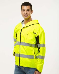 Kishigo WB102 Unisex Premium Black Series® Windbreaker – Lime/ Black (on model side)