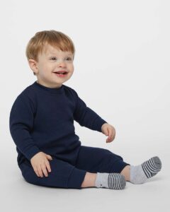 Rabbit Skins 4447 Infant Fleece One-Piece – Navy (on model)