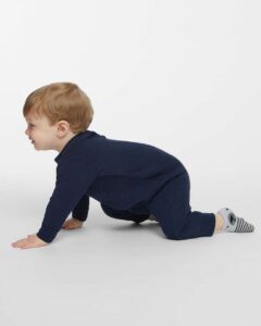 Rabbit Skins 4447 Infant Fleece One-Piece – Navy (on model side)