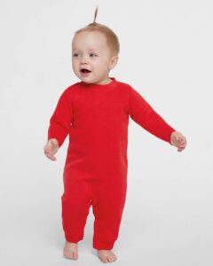 Rabbit Skins 4447 Infant Fleece One-Piece – Red (on model)