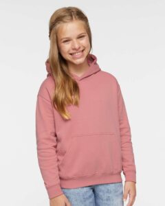 LAT 2296 Youth Hoodie Sweatshirt – Mauvelous (on model)