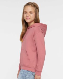 LAT 2296 Youth Hoodie Sweatshirt – Mauvelous (on model side)