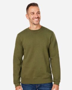 J. America 8424 Unisex Premium Fleece Crewneck Sweatshirt – Military Green (on model)