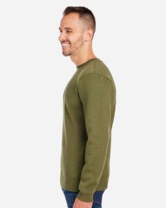 J. America 8424 Unisex Premium Fleece Crewneck Sweatshirt – Military Green (on model side)