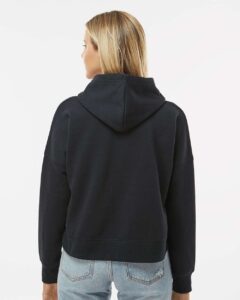 J. America 8853 Women’s Crop Hooded Sweatshirt – Black Solid (on model back)