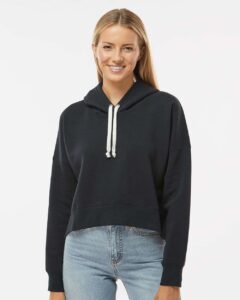 J. America 8853 Women’s Crop Hooded Sweatshirt – Black Solid (on model)