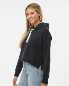 J. America 8853 Women’s Crop Hooded Sweatshirt – Black Solid (on model side)