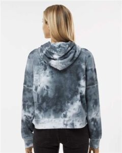 J. America 8853 Women’s Crop Hooded Sweatshirt – Black Tie Dye (on model back)