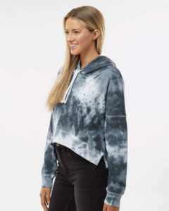 J. America 8853 Women’s Crop Hooded Sweatshirt – Black Tie Dye (on model side)