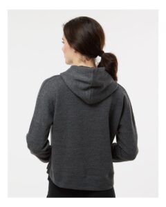 J. America 8853 Women’s Crop Hooded Sweatshirt – Black Triblend (on model back)