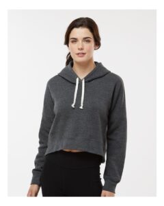 J. America 8853 Women’s Crop Hooded Sweatshirt – Black Triblend (on model)
